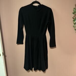 Vintage Aldens Black Wool Fit N Flare Pleated Skirt Long Sleeve 9/10 Fits 4/6